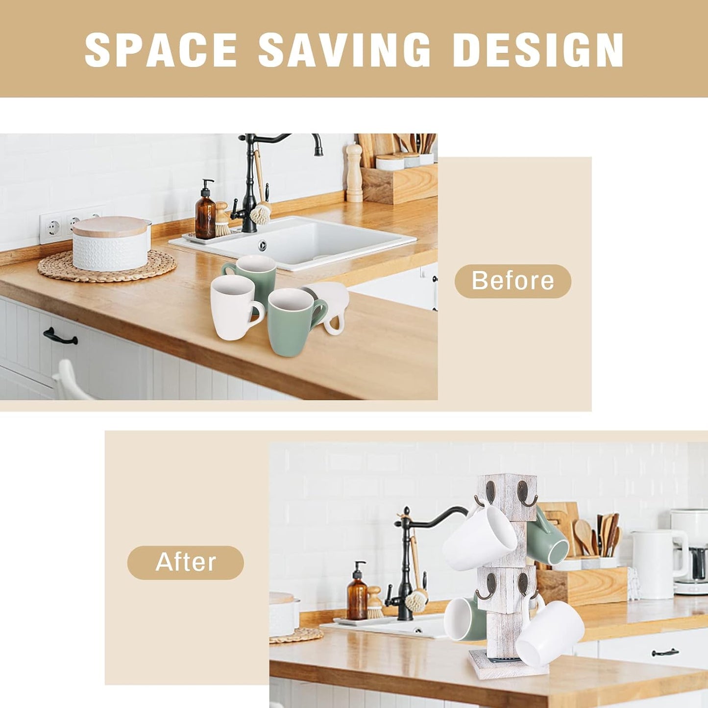 Rotated Coffee Mug Holder Tree with 360 Degree Turn, Rustic Wood Mug Tree Stand with 8 Hooks, Farmhouse Coffee Cup Holder for Counter, Mug Hanger for Kitchen Organizer, Farmhouse White