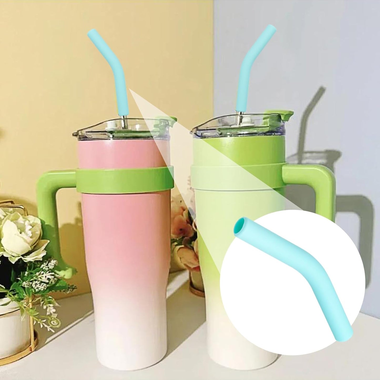 6pcs Food-Grade Silicone Metal Straw Tips, Reusable Flex Elbow Straws Cover Replacement Tips, Soft Straw Toppers Kits for 8 mm Stainless Steel Metal Straws - Mint Green