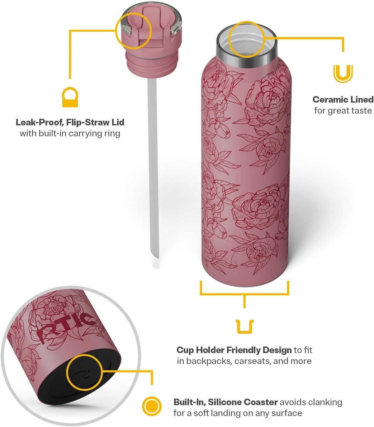 RTIC 20oz Journey Bottle Metal Stainless Steel Vacuum Insulated, BPA Free, Reusable, for Water, Hot and Cold Drinks, Travel, Sports, Camping, Pink Peonies