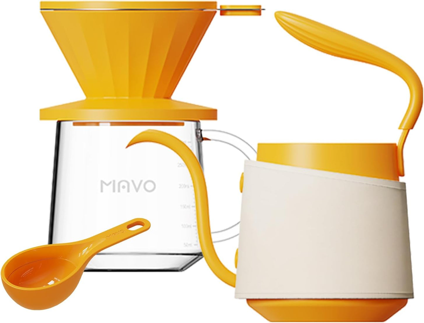 Pour Over Coffee Maker Set, Pour Over Kettle, Coffee Dripper, Glass Coffee Server with Scale, Stainless Steel Filter (Orange)