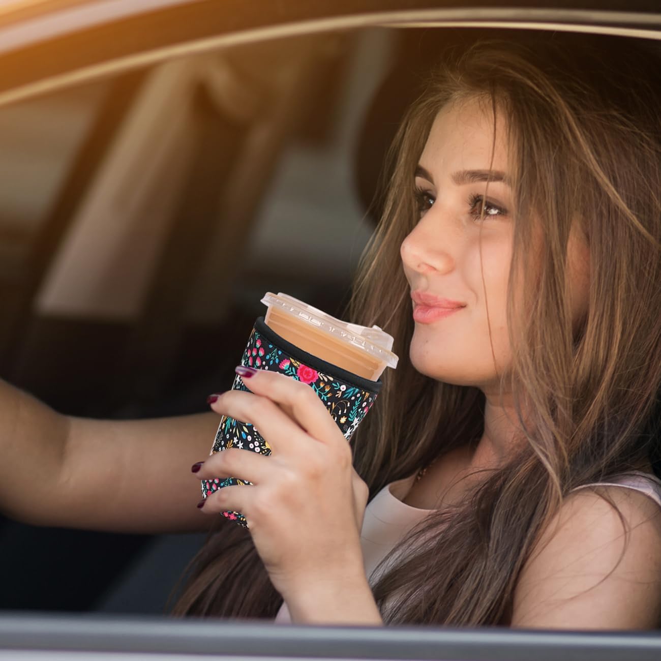 Reusable Insulated Neoprene Iced Coffee Cup Sleeve, Durable Drink Sleeve for Cold Beverages, Beverage Holder for Iced Coffee, Lush Blossom