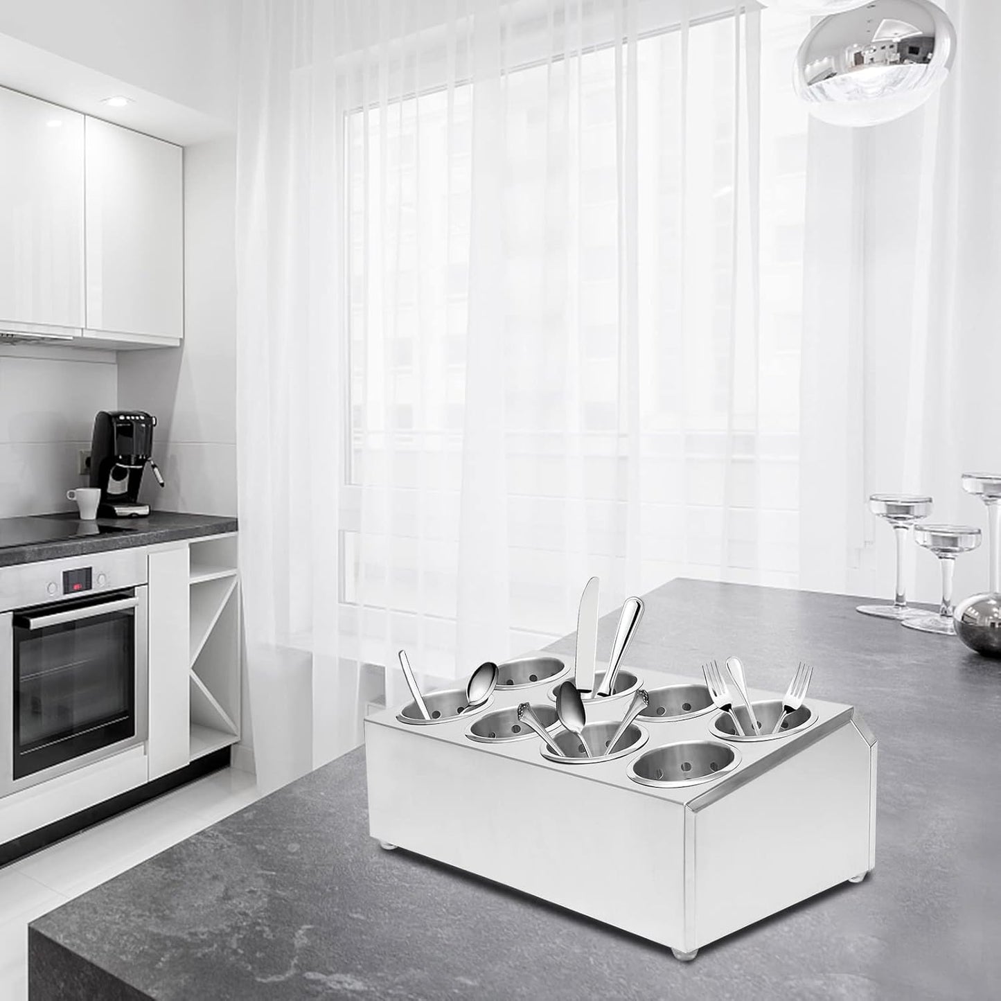 Stainless Steel Flatware Utensil Holder, Commercial 8-Hole Cylinder Silverware Organizer for Countertop Restaurant