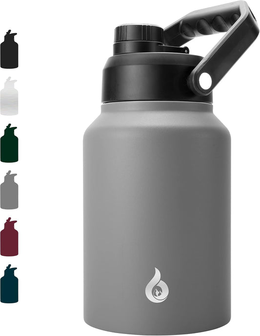 BJPKPK 64 oz Insulated Water Bottle, Dishwasher Safe Half Gallon Water Bottle with Ergonomic Handle, BPA Free Leak Proof Water Jug for Sports, Metal Thermos with Anti-slip Bottom, Grey