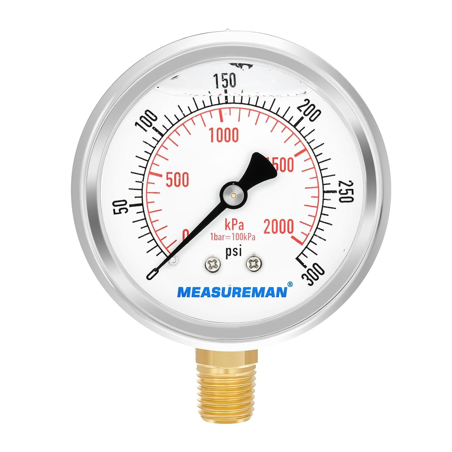 MEASUREMAN 2-1/2inch Dial Size, Glycerin Filled Pressure Gauge, 0-300psi/kpa, 304 Stainless Steel Case, 1/4 inchNPT Lower Mount