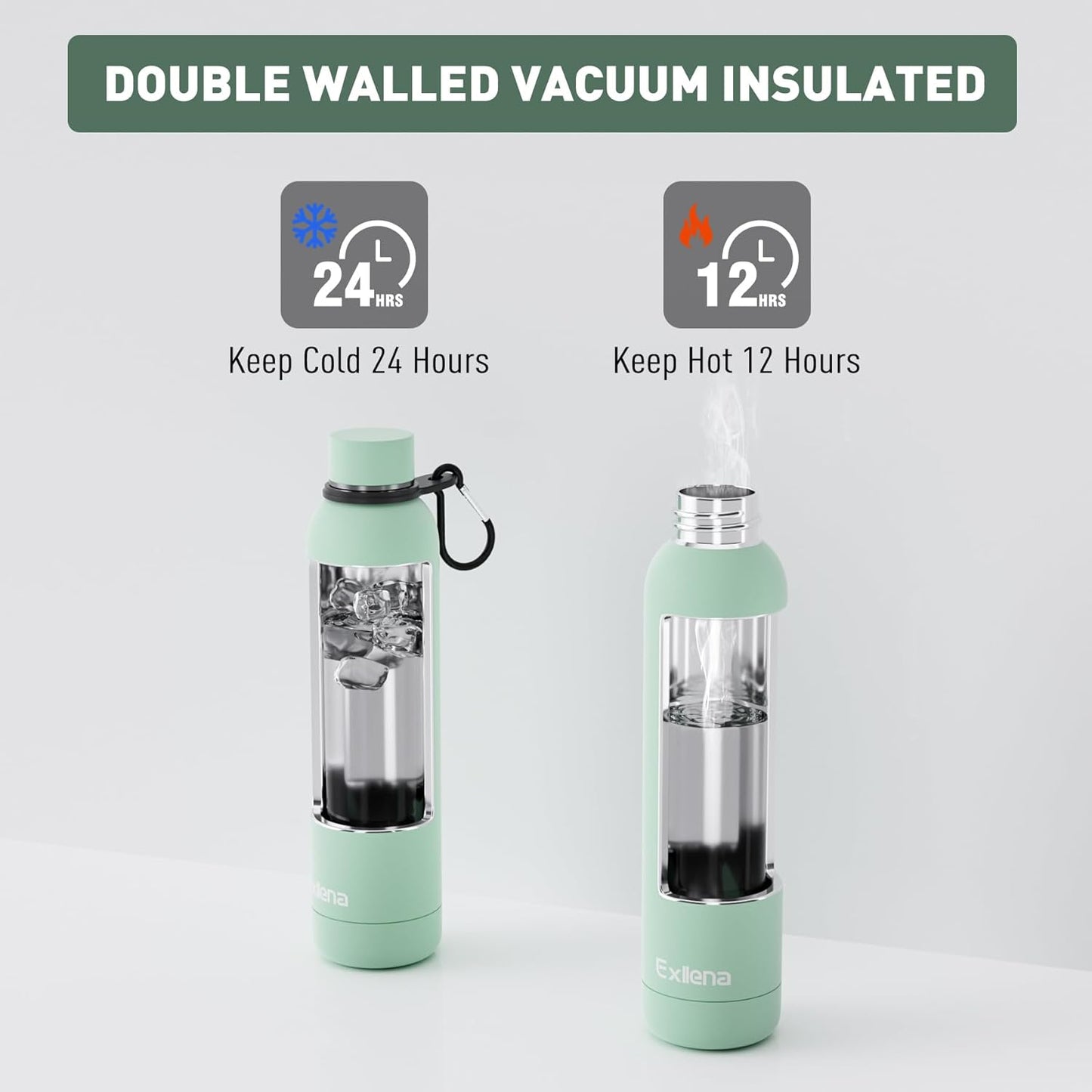 Slim Insulated Water Bottles for Travel 25oz with Clip, Double Wall Vacuum Stainless Steel Water Bottle Keeps Drinks Cold 24 Hrs/Hot 12 Hrs, 100% Leakproof, BPA Free(Mint)