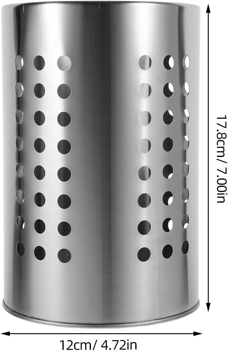 Stainless Steel Kitchen Utensil Holder Flatware Cylinder Silverware Draining Organizer Drying Rack with Round Drain Holes for Forks, Knives, Spoons, Chopsticks