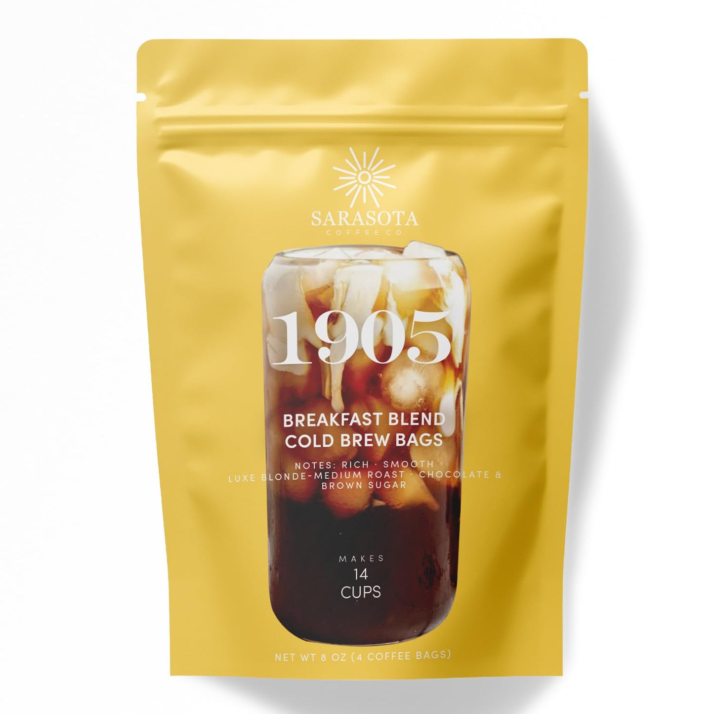 Sarasota Coffee 1905 Cold Brew Coffee Bags | Breakfast Blend Blonde-Medium Roast | 100% Arabica | Smooth & Low Acid | Ground Pouches | Cold Brew Kit Makes 14 Cups | Rich & Smooth Flavor
