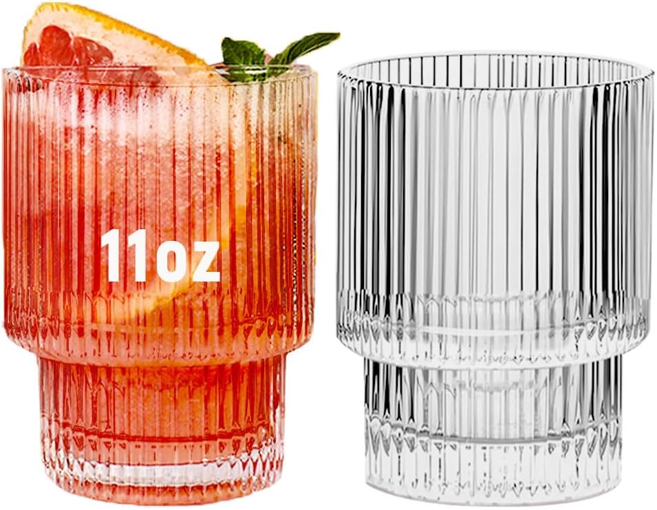 Ribbed Glassware Set of 2, 11oz Clear-Short Origami Style Drinking Glass Cup, Iced Coffee, Cocktail, Beer, Juice Drinking Glasses