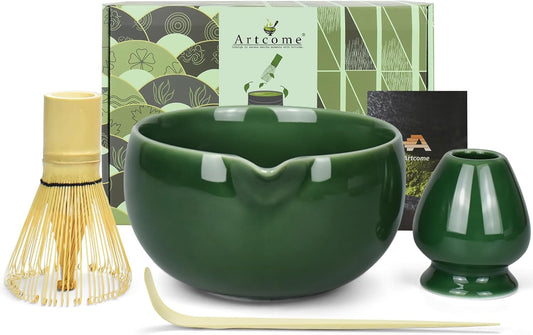 Artcome Premium Matcha Tea Set - 18.6oz Ceramic Bowl with Spout, Bamboo Whisk, Scoop, Whisk Holder & Brewing Guide - Perfect for Traditional Japanese Tea Ceremony