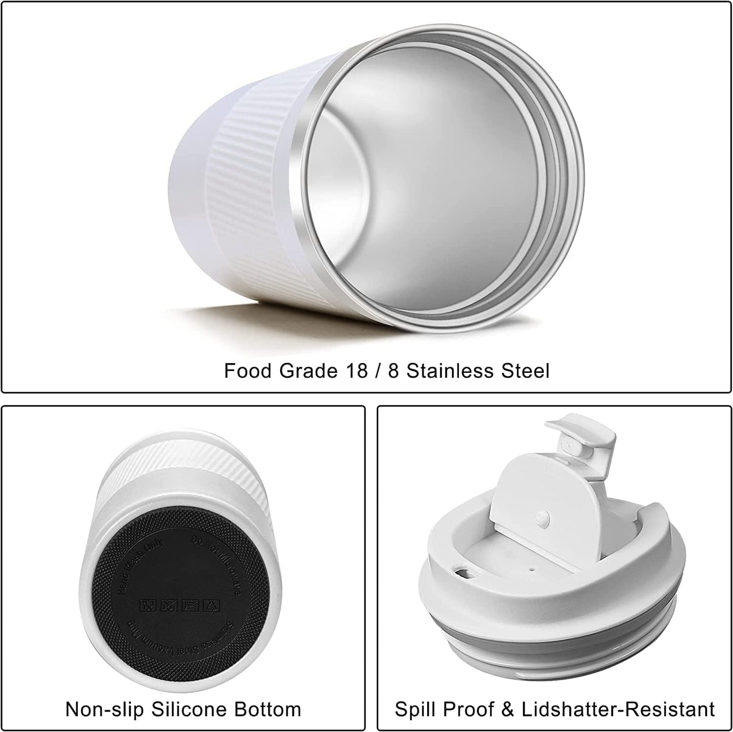 Travel Coffee Mug Spill Proof Leakproof 12 oz Insulated Coffee Mug with Screw Lid, Stainless Steel Vacuum Tumbler Reusable Thermal Coffee Cup to go for Hot and Cold Drinks -380ml, White