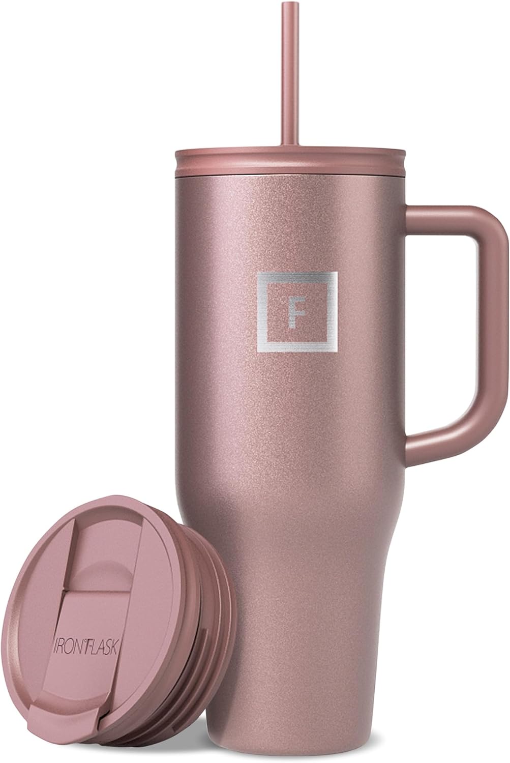 IRON °FLASK Co-Pilot Insulated Mug w/Straw & Flip Cap Lids - Cup Holder Bottle for Hot, Cold Drink - Leak-Proof - Water, Coffee Portable Travel Mug - Rose Gold, 40 Oz