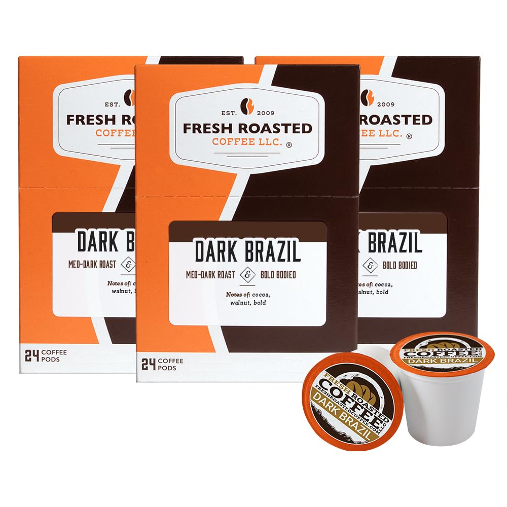 Fresh Roasted Coffee, Dark Brazil, Med-Dark Roast, 72 Pods for K Cup Brewers