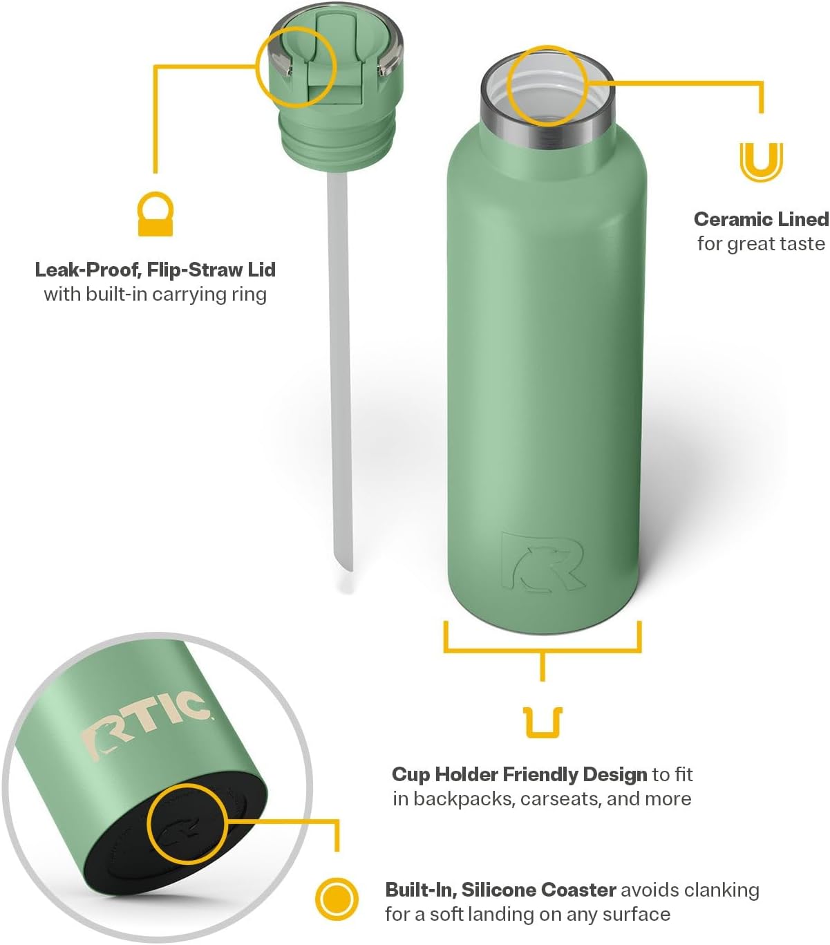 RTIC 20oz Journey Bottle Metal Stainless Steel Vacuum Insulated, BPA Free, Reusable, for Water, Hot and Cold Drinks, Travel, Sports, Camping, Sage