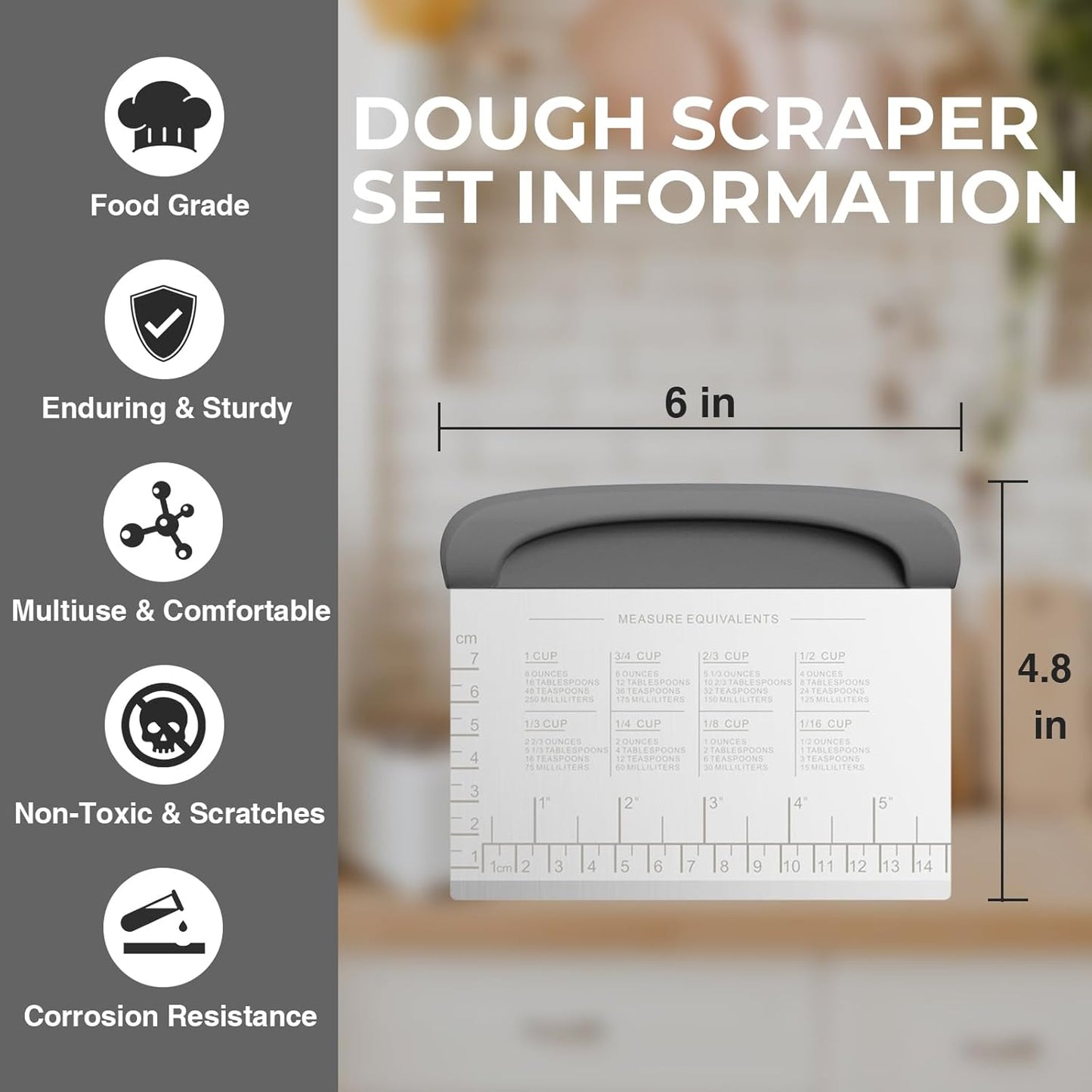 Bench Scraper Dough Cutter Tool - Pastry Scraper for Bread Cake Pizza, Bench Knife Kitchen Dough Scraper for Baking, Stainless Steel Food Scraper with Grip Handles & Measuring Scale, Grey