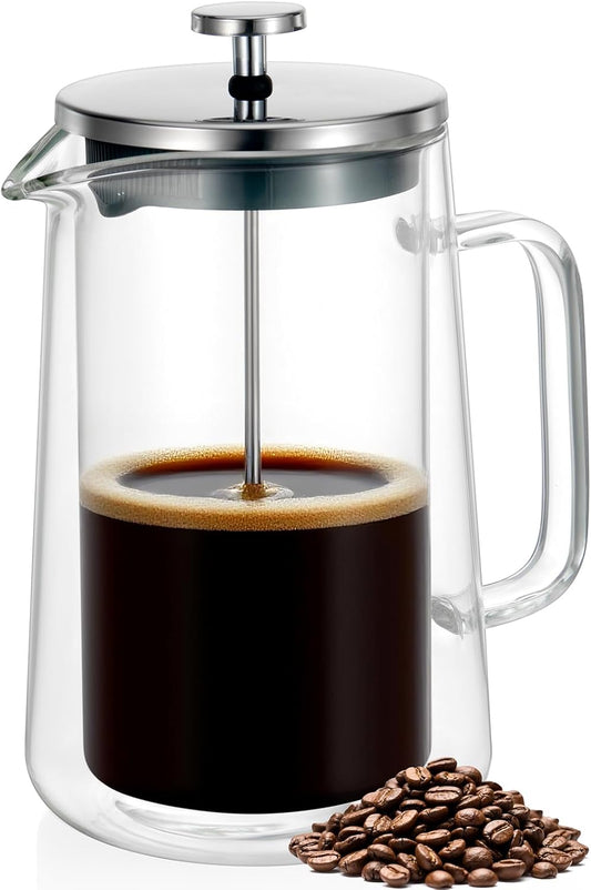 French Press Coffee Maker 34Oz (1 Liter), DoubleWall Insulated Borosilicate Glass, Heat-Resistant Design, Stainless Steel Filter for Coffee, Tea & Cold Brew