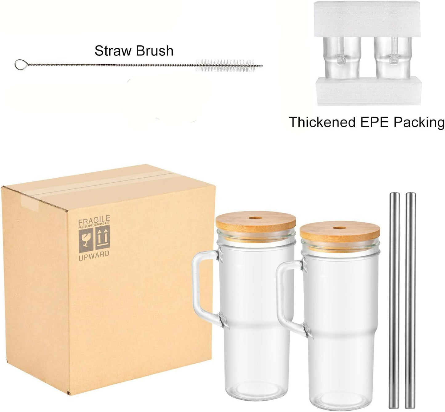 24oz Mason Jar Cups with Handle, Clear Glass Tumbler with Bamboo Lid and Straw, 2 Pack Glass Iced Coffee Cup with Lids, Cold Drinking Glasses for Iced Coffee, Juice, Bubble Tea,cola