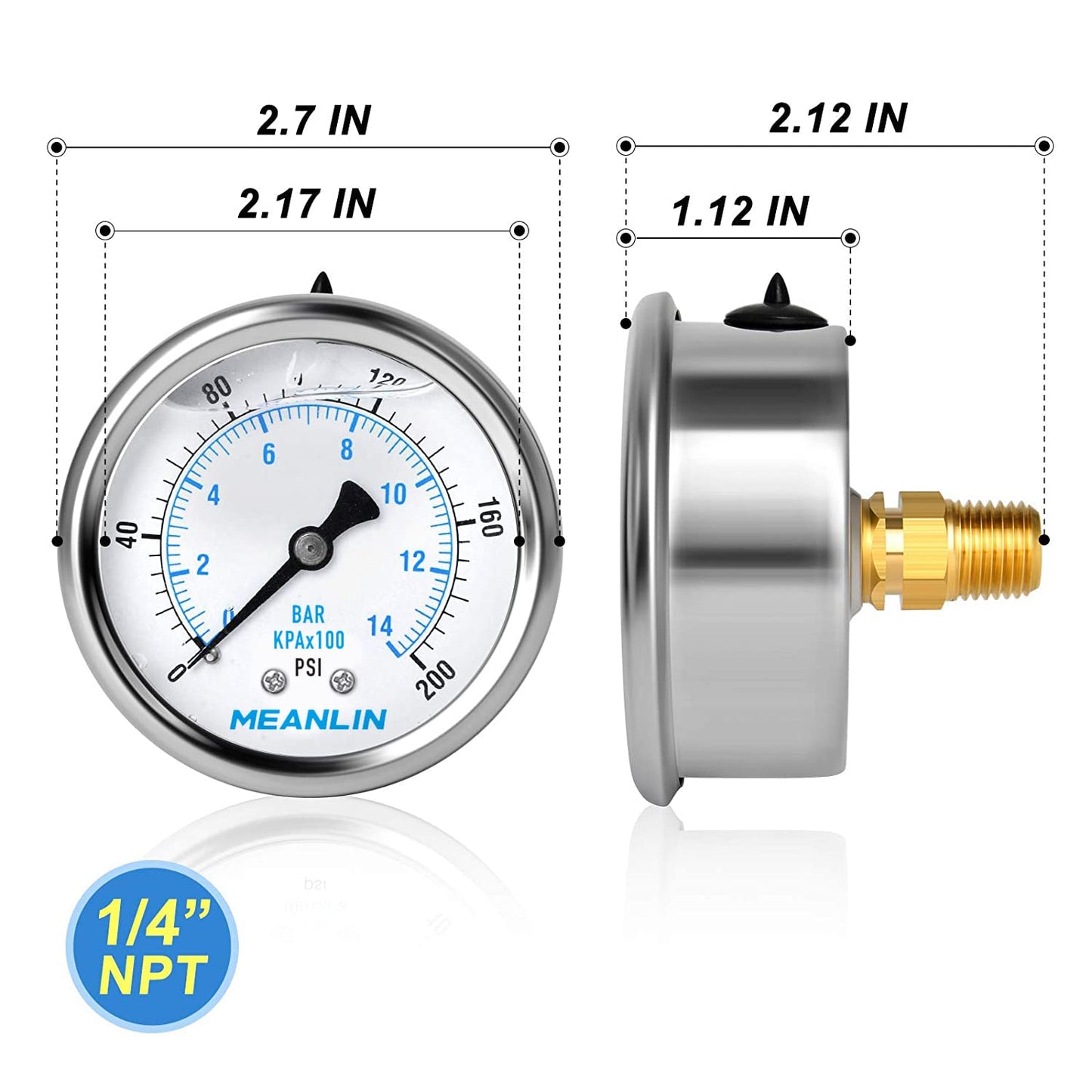 MEANLIN MEASURE 0~200Psi Stainless Steel 1/4" NPT 2.5" FACE DIAL Liquid Filled Pressure Gauge WOG Water Oil Air Back Mount (Pack of 2), with 1/2" NPT and 3/8" NPT Hex Bushing