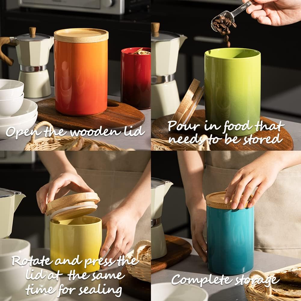 Sweejar Ceramic Food Storage Jar, Stackable Kitchen Canisters, Containers with Airtight Seal Wooden Lid for Serving Ground Coffee, Tea, Sugar, Salt and More - 16 Fl Oz (Gradient Green)