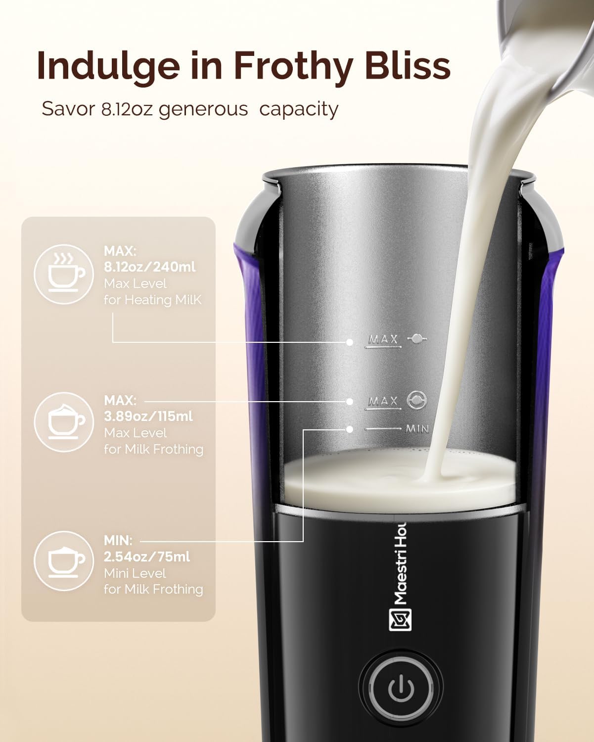 Maestri House Milk Frother, 3-in-1 Hot & Cold Mik Frothing Steamer, 8.12OZ/240ML Touch Control Foam Maker, Compact Space-saving Design for Latte, Cappuccino and Warm Milk