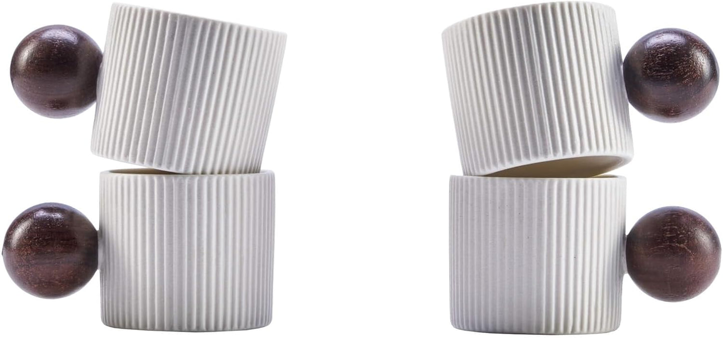 Ceramic Mini Espresso Cups Demitasse Cups with Round Wooden Handle Vertical Stripes Tea Cups (white, 4pcs)