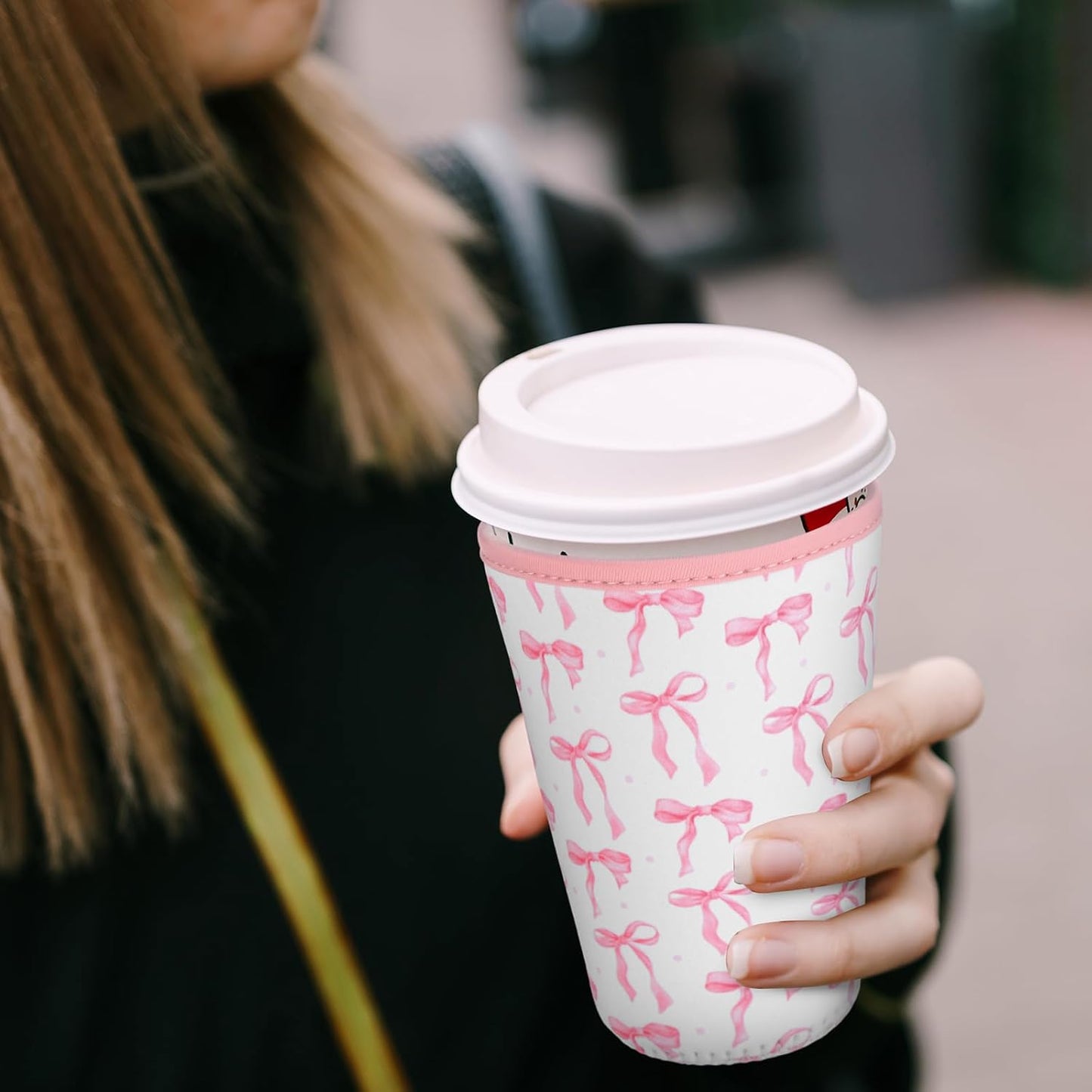 8 Pcs Reusable Sleeves for Iced Coffee Cup Pink Bow Cup Coolie Coquette Bow Reusable Coffee Insulator Sleeves Neoprene Insulated Holder for Iced & Hot Drinks, 22-24 oz