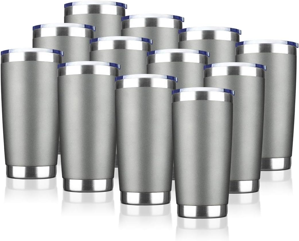 20oz Tumbler Bulk Stainless Steel Vacuum Insulated Tumblers with Lid Double Wall Travel Mug Durable Powder Coated Coffee Cup, Suitable for Ice Drinks and Hot Beverage (Gray 12pack)