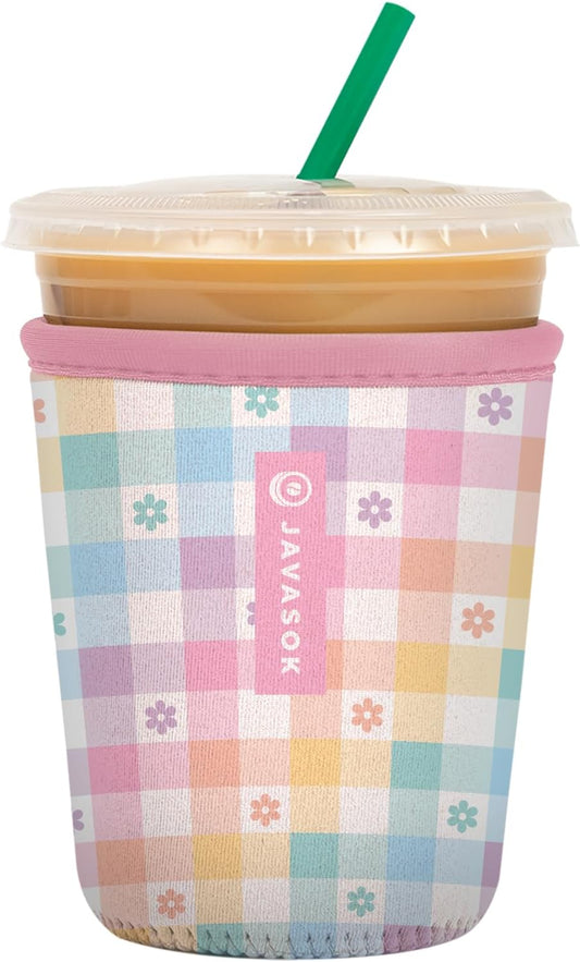 Sok It JavaSok Iced Coffee & Cold Soda Insulated Neoprene Cup Sleeve (Gingham Flowers, Small: 16-20oz)