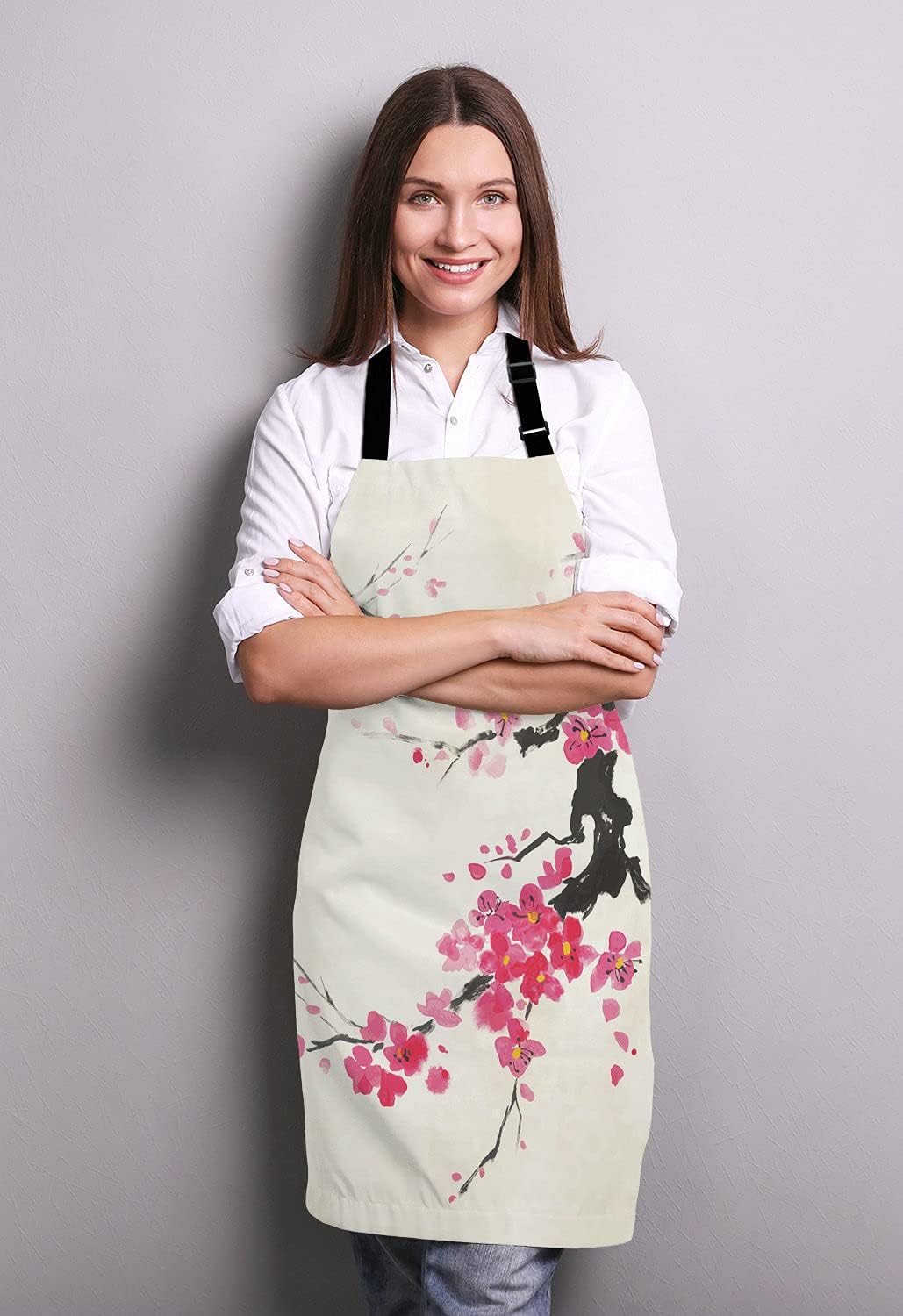 Japanese Cherry Bib Apron with Adjustable Neck for Men Women,Suitable for Home Kitchen Cooking Waitress Chef Grill Bistro Baking BBQ Apron