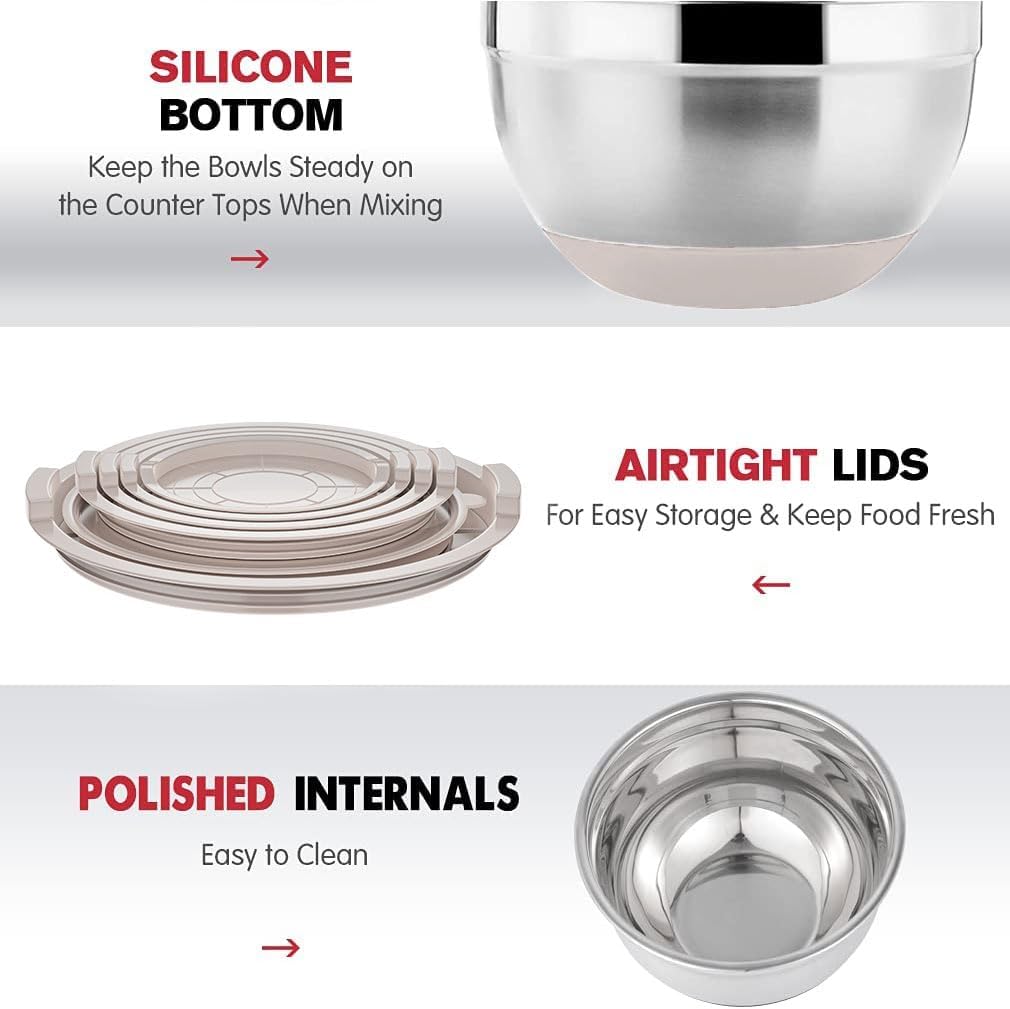 Mixing Bowls Set with Airtight Lids: 20PCS Stainless Steel Nesting Bowls - Size 7, 4, 3, 2, 1.5, 1QT Bowls with 3 Grater Attachments & Non-Slip Bottoms for Baking & Prepping