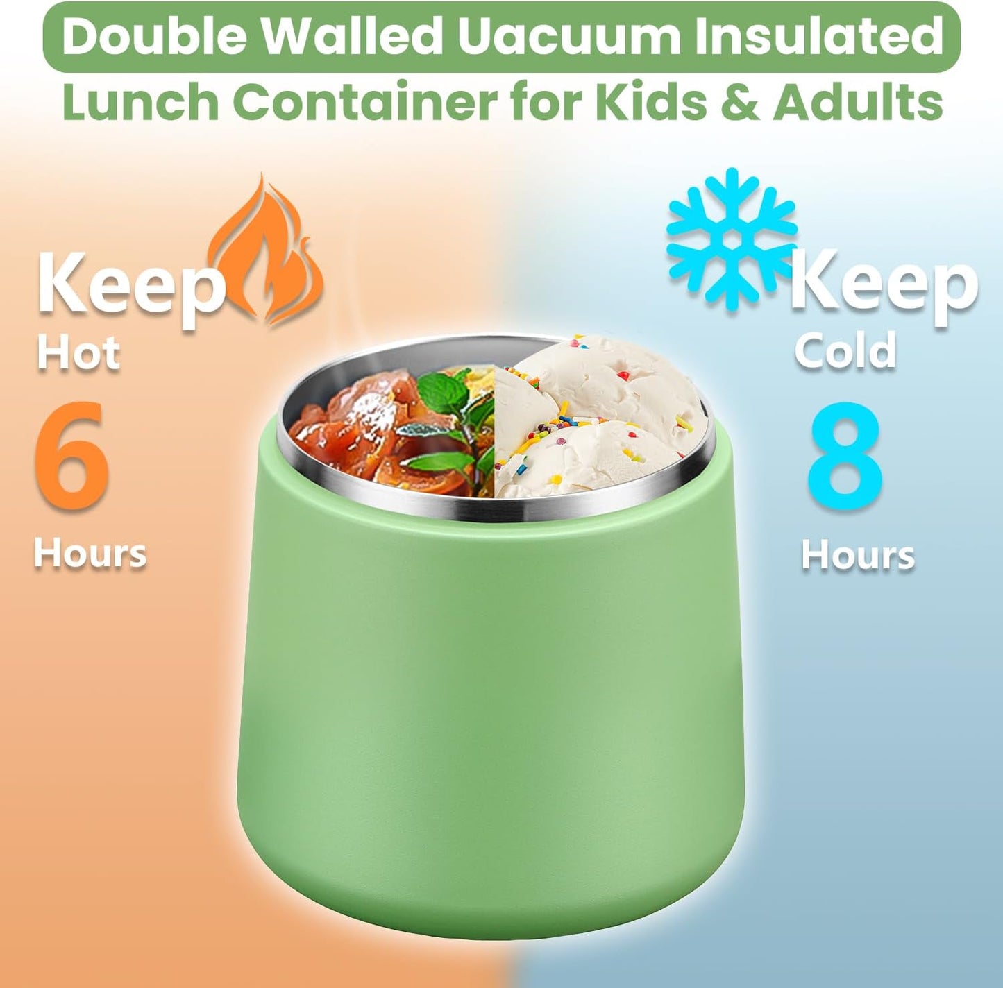 20oz Insulated Vacuum Food Jar with Buckle Lid,Soup Thermo for Hot Food Kids,Wide Mouth Leakproof Stainless Steel Lunch Container with Spoon-Green