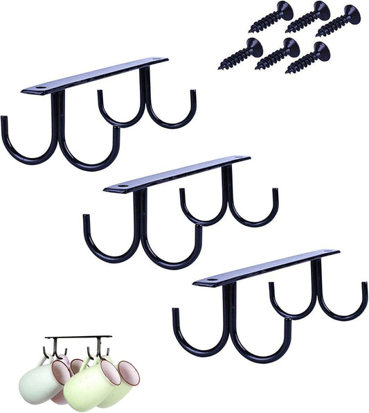 Mug Rack Under Cabinet 12 Mug Hooks Coffee Cup Holder Under Shelf Display Hanging Cups Organizer Hanger for Bar Kitchen Utensils - Black