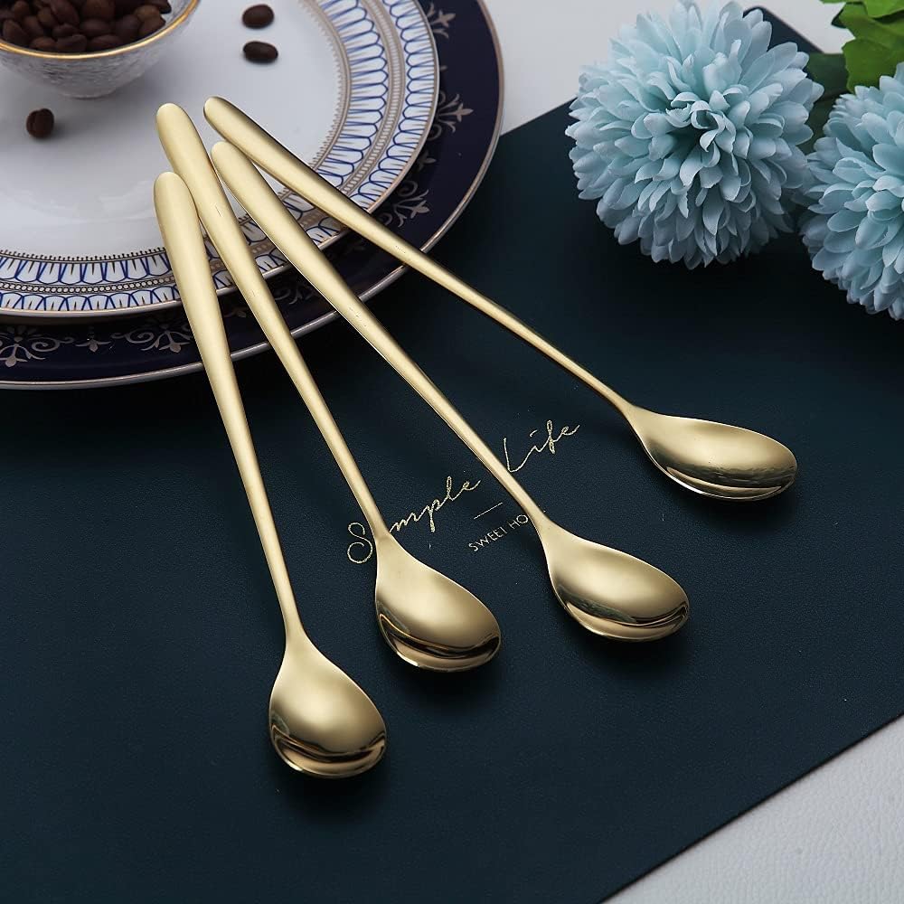Gold Long Handle Coffee Spoons, Premium Stainless Steel Stirrers for Ice Tea, Ice Cream, Cocktails - Set of 6