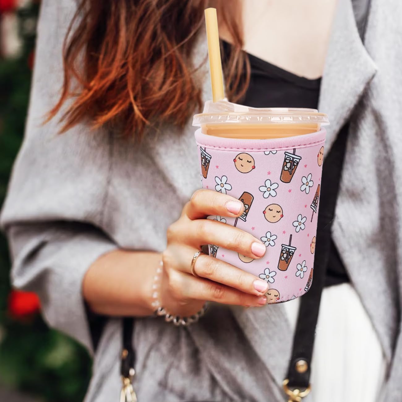 Reusable Insulated Neoprene Iced Coffee Cup Sleeve, Durable Drink Sleeve for Cold Beverages, Beverage Holder for Iced Coffee, Pink Coffee