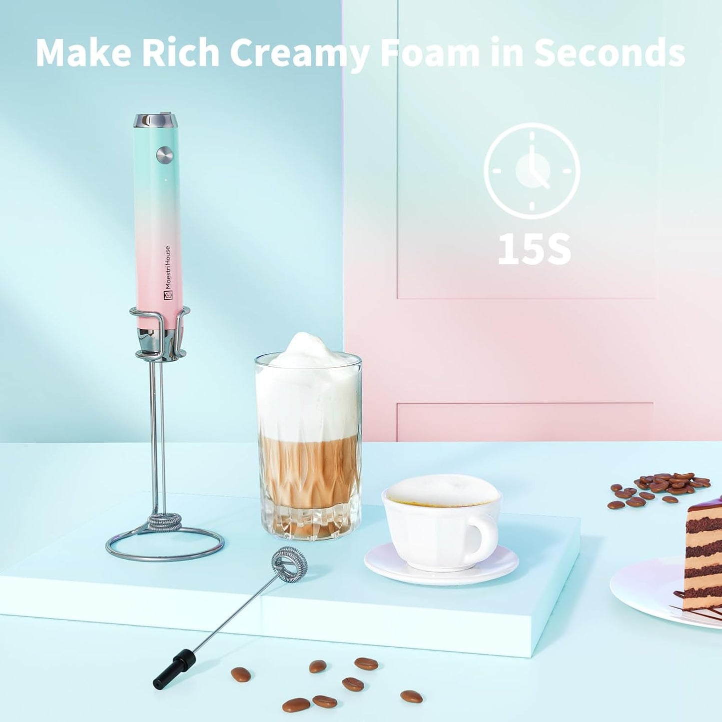 Maestri House Rechargeable Milk Frother with Stand, LunaFro Handheld Electric Foam Maker Waterproof Detachable Stainless Steel Whisk Drink Mixer Foamer for Lattes, Cappuccino