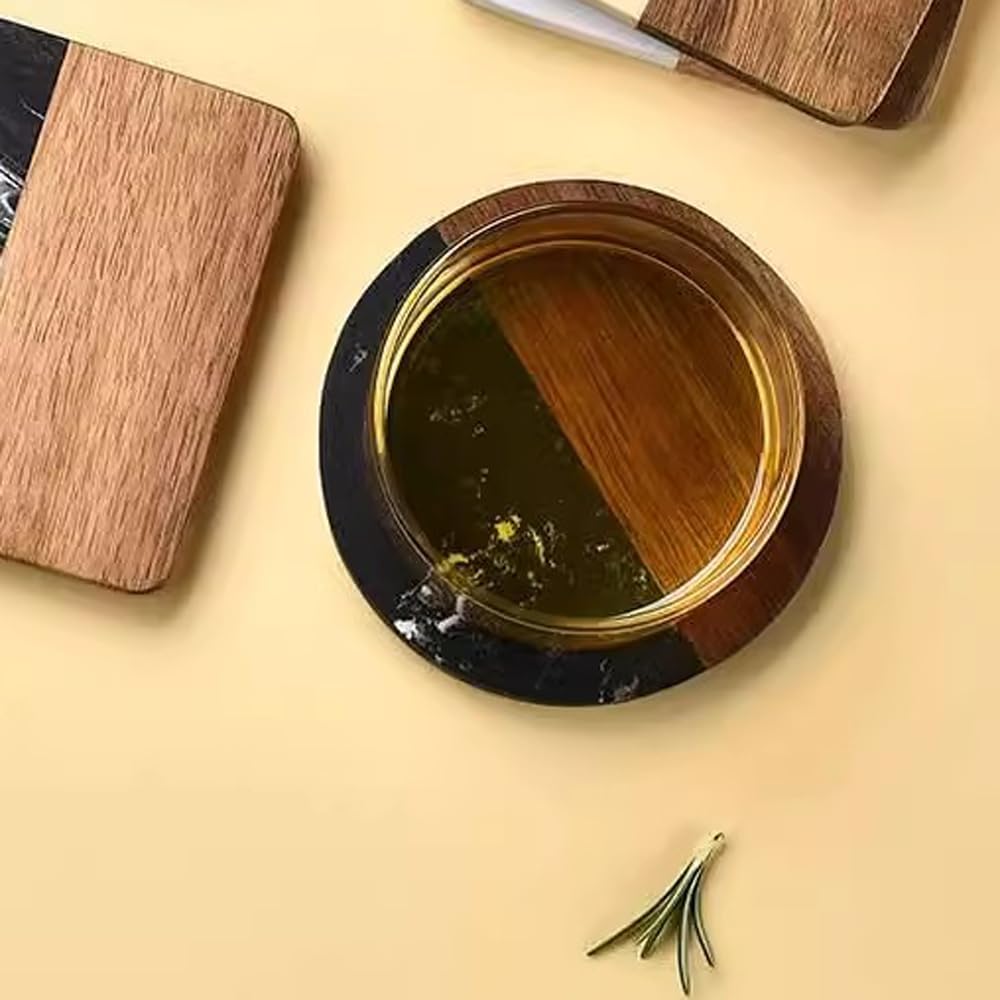 I-LAN Set of 4 Round Natural Wood and Marbel Drink Coasters for Coffee Wooden Table, Drink Bar Coaster Set/Tea Table Coasters for Living Room,Beer Cans,Bar Glasses,4 x 4 Inch