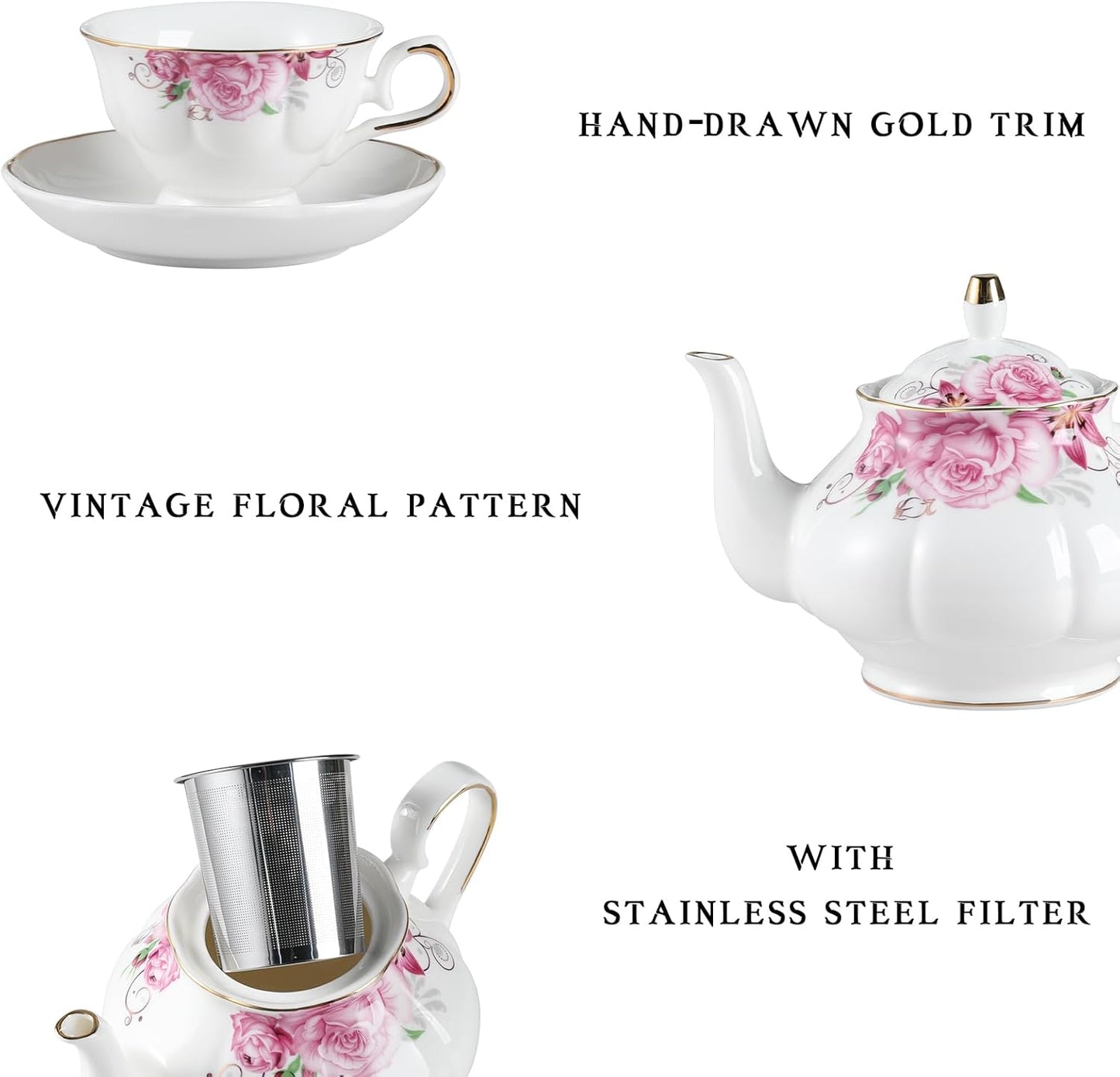 Sweejar Ceramic Teapot with Infuser, Floral Relief Gold Rimmed Teapot, 29 OZ Porcelain Tea Pot for Blooming and Loose Tea, Coffee...(Flower)