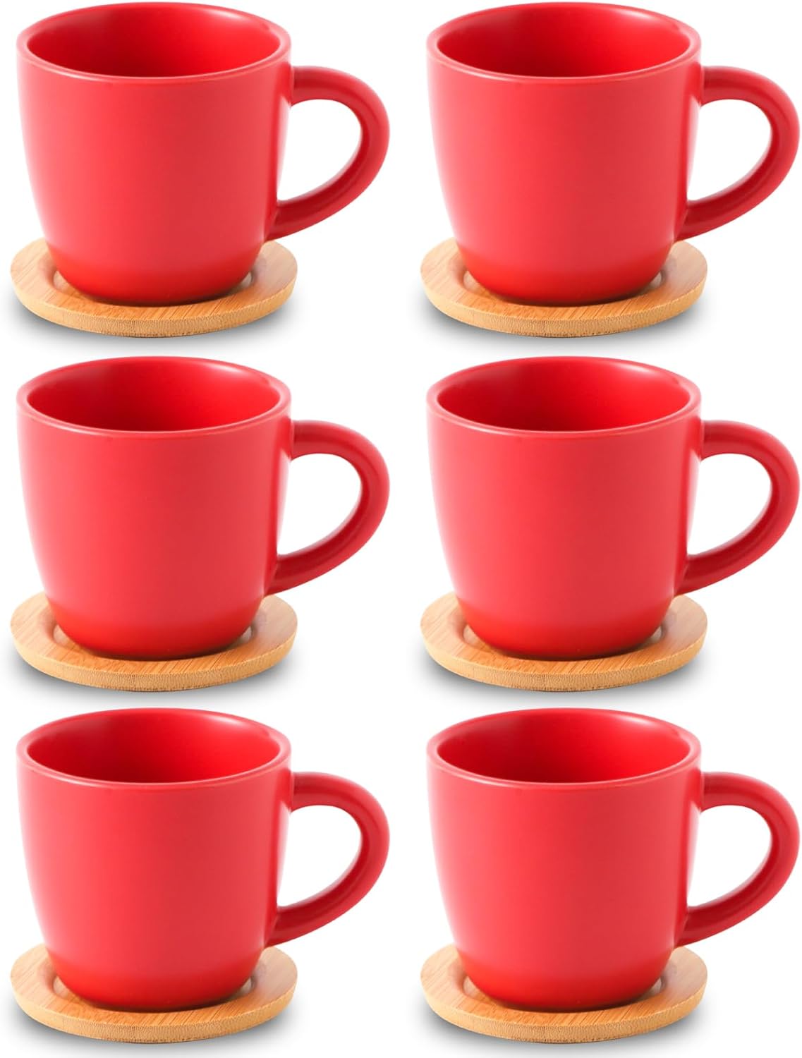 Hasense 8 oz Tea Cups and Saucers Set of 6, Ceramic Coffee Cups with Handle, Latte, Cappuccino, Espresso, Stackable for Party, Home and Kitchen, Red