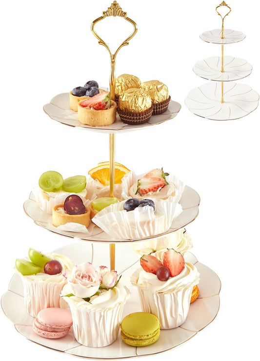 DUJUST Luxury Porcelain 3-Tier Cupcake Stand Tower, British Style Serving Tray with Golden Trim, Food Grade Dessert Display Stand, Beautiful Gift for Tea Party & Home Décor