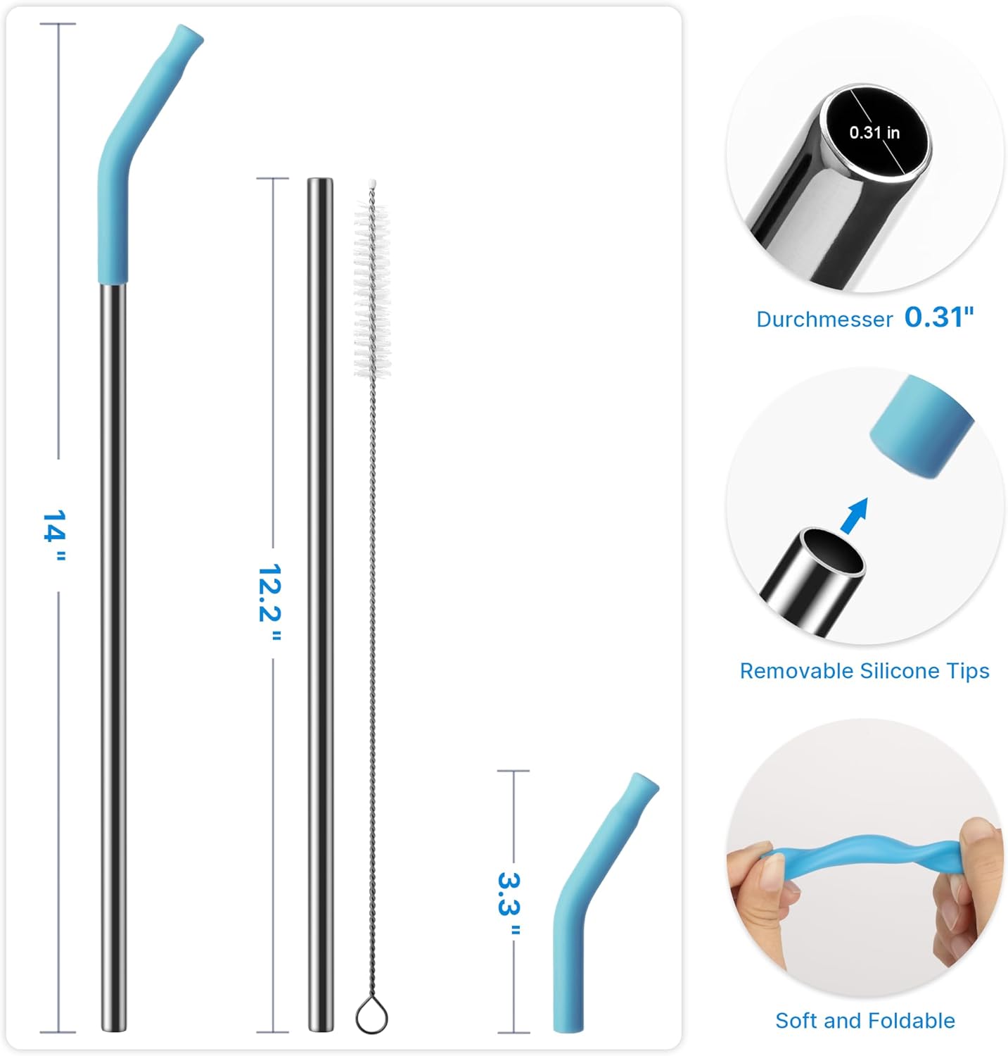 2 Pcs Stainless Steel Straws for 40 oz Stanley Tumbler, Replacement 40 oz Stanley Cup Straw Accessories with Silicone Tips and Cleaning Brush (Sky Blue)