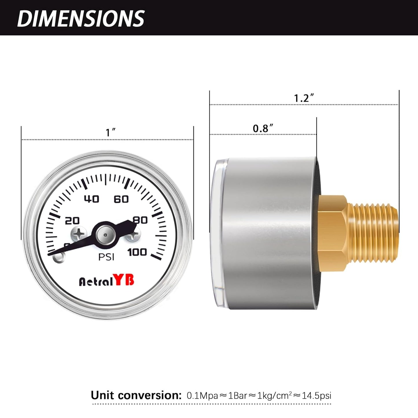 1 Inch mini Pressure Gauge, 0-100 Psi Air Gauge, Stainless Steel Case, 1/8" NPT Back Mount, Psi Coffee Machine Pressure Gauge for Water Pumps, Air Compressors