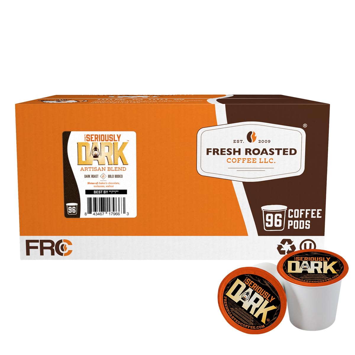 Fresh Roasted Coffee, Seriously Dark Artisan Blend, Dark Roast, 96 Pods for K Cup Brewers