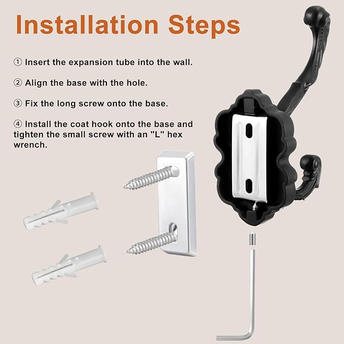 Zonon 4 Pcs Black Wall Hooks Set Vintage Coat & Towel Hooks - Image 4