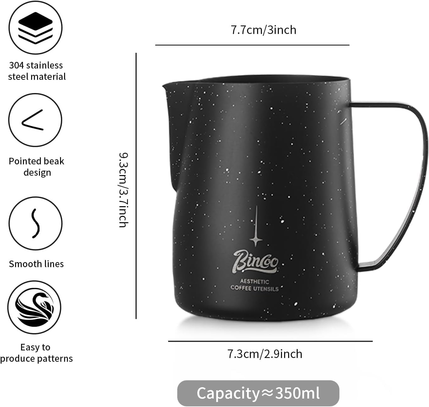 Bincoo Star Milk Frothing Pitcher 12oz,Espresso Steaming Pitcher,Espresso Machine Accessories,Milk Frother cup,Milk Coffee Cappuccino Latte Art,Stainless Steel Jug Cup.(Black 12oz)