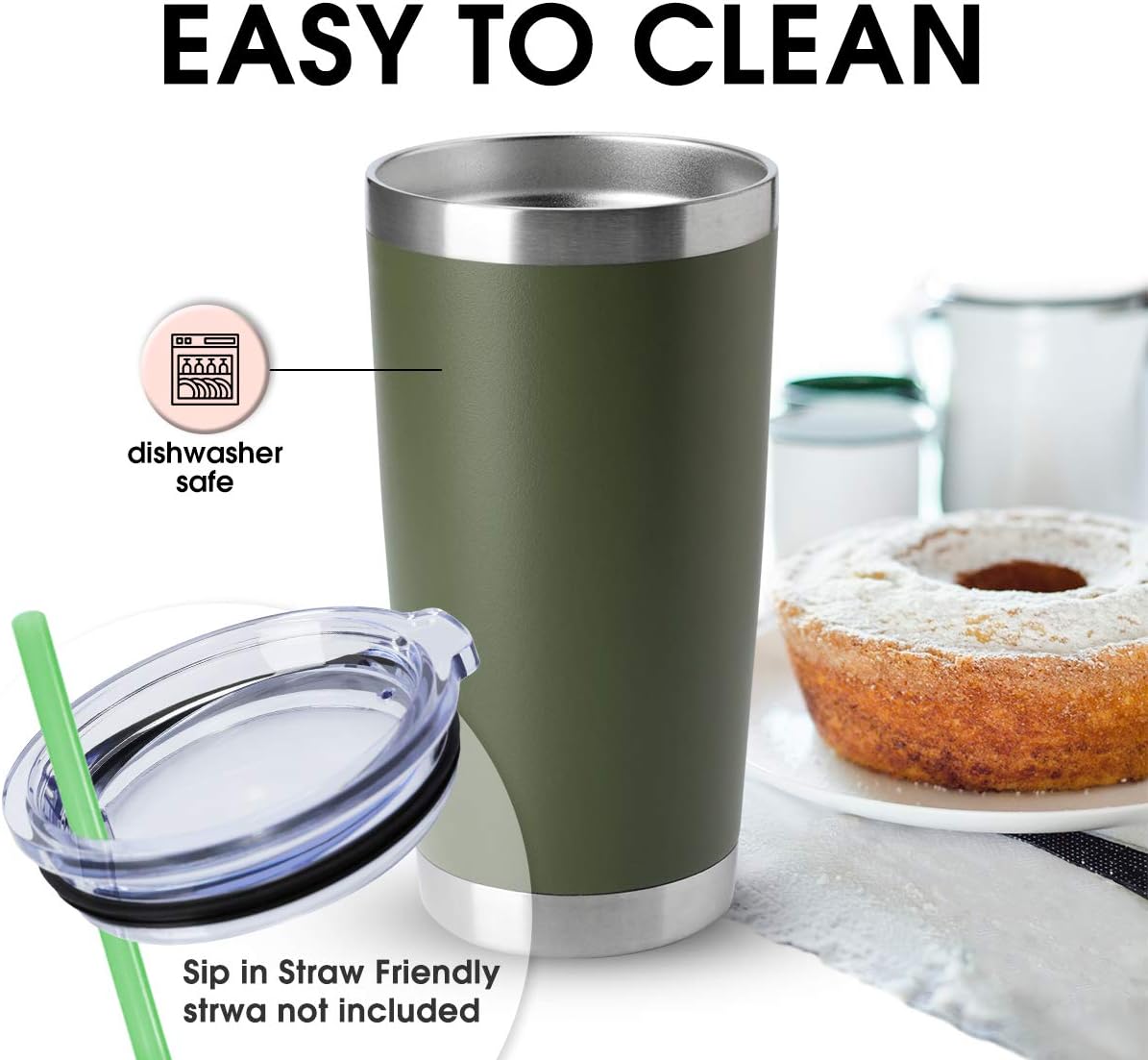 HASLE OUTFITTERS 20oz Tumblers Bulk Stainless Steel Cup with Lid Double Wall Vacuum Insulated Coffee Mug for Cold & Hot Drinks 1 Pack, Army Green