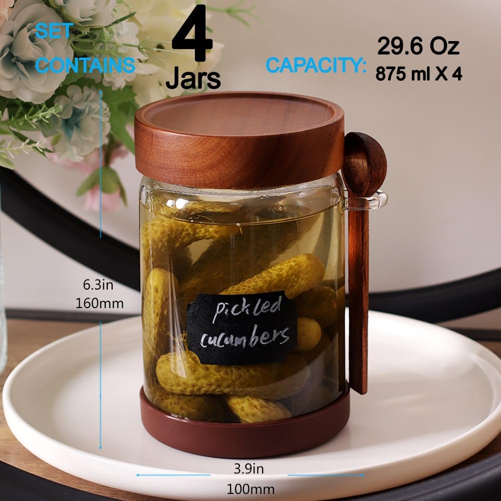 SAIOOL High Bprosilicate Glass 4 Pack Spice Jars with Label and Spoons,Overnight Oats Containers with Acacia Airtight Lids,Glass Food Storage Jars, Coffee Bar (Acacia 29.6 OZ*4)
