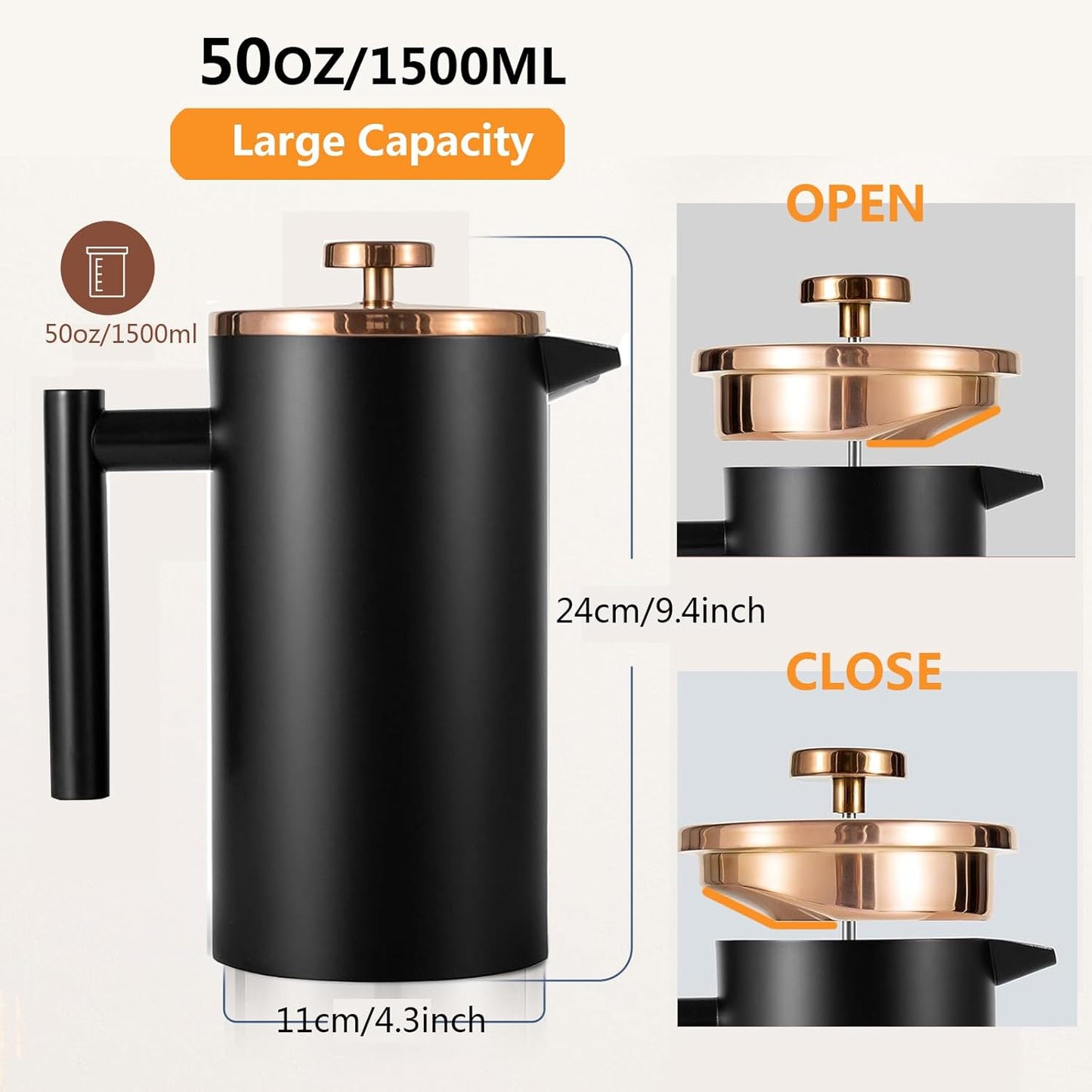 Stainless Steel French Press Coffee Maker 1500ml, Black Double-Wall Insulated Large French Coffee Press for travel camping,Large Capacity （50oz, Black）
