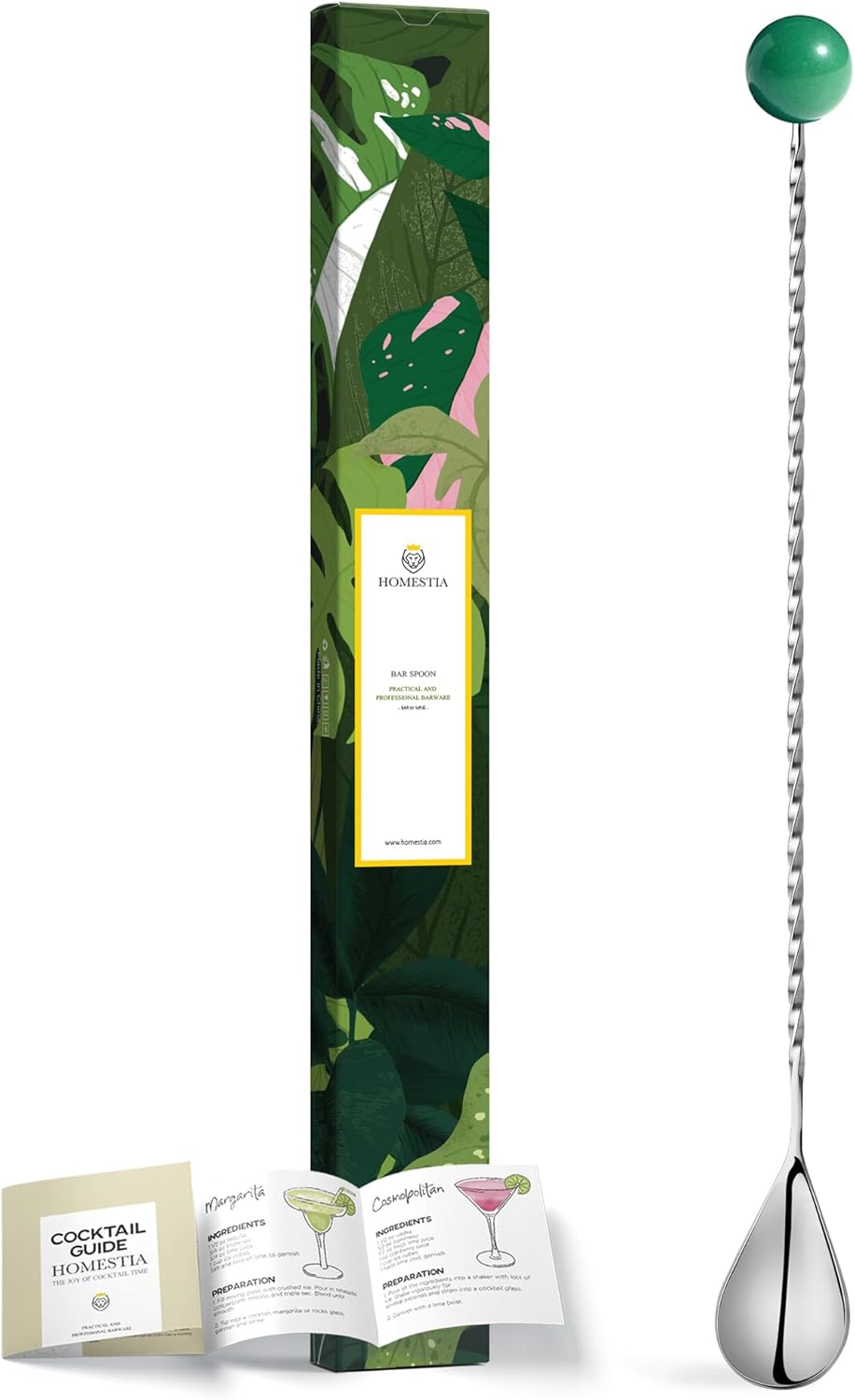 Homestia 12-Inch Natural Gemstone Bar Spoon, 304 Stainless Steel Cocktail Spoon for Layering Long Spiral Handle Mixing Spoon Stirrers for Drink (Green)