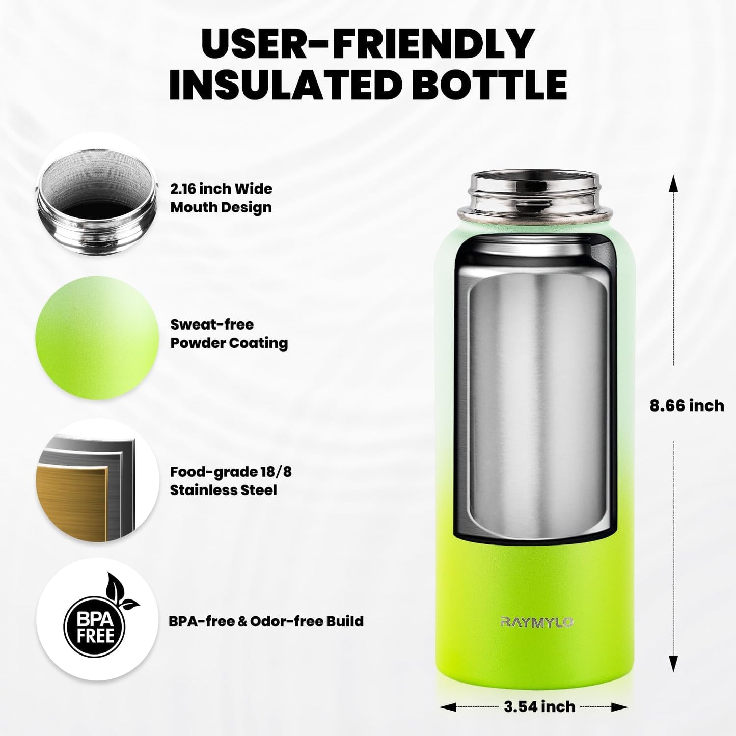 Insulated Water Bottle 32 oz, Triple Wall Vacuum Stainless Steel (Cold for 48 Hrs), Leak Proof & Non-BPA, Modern Water Flask Jug with Paracord Handle & Straw Spout Lids, Ombre Green