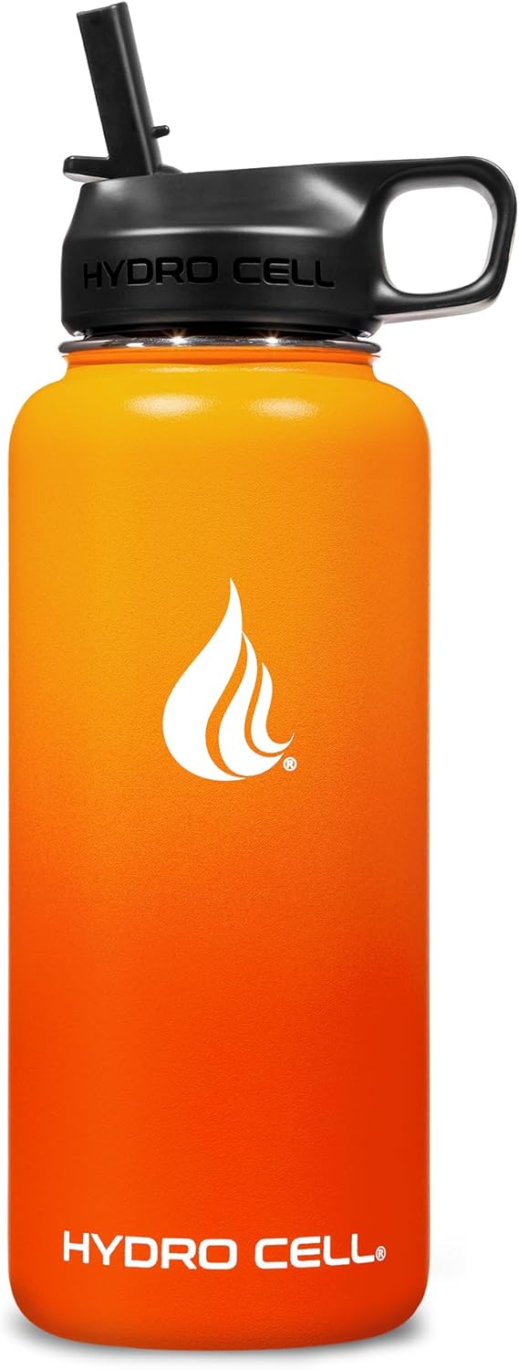 HYDRO CELL Stainless Steel Insulated Water Bottle with Straw - For Cold & Hot Drinks - Metal Vacuum Flask with Screw Cap and Modern Leakproof Sport Thermos for Adults (Red/Orange 32oz)