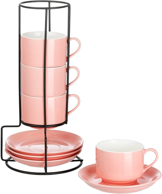 YOLIFE 8oz Porcelain Stackable Cappuccino Cups with Saucers and Metal Stand Set of 4, Coffee cups for Espresso, Specialty Coffee Drinks, Latte, Americano and Tea - Pink